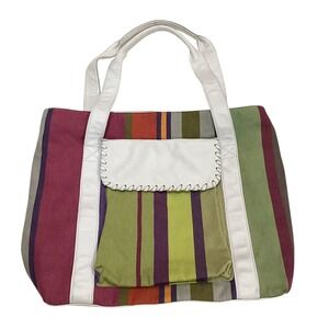 Jane Karen Designs Striped Tote Bag Colorful Shoulder Bag with Pocket Large Size